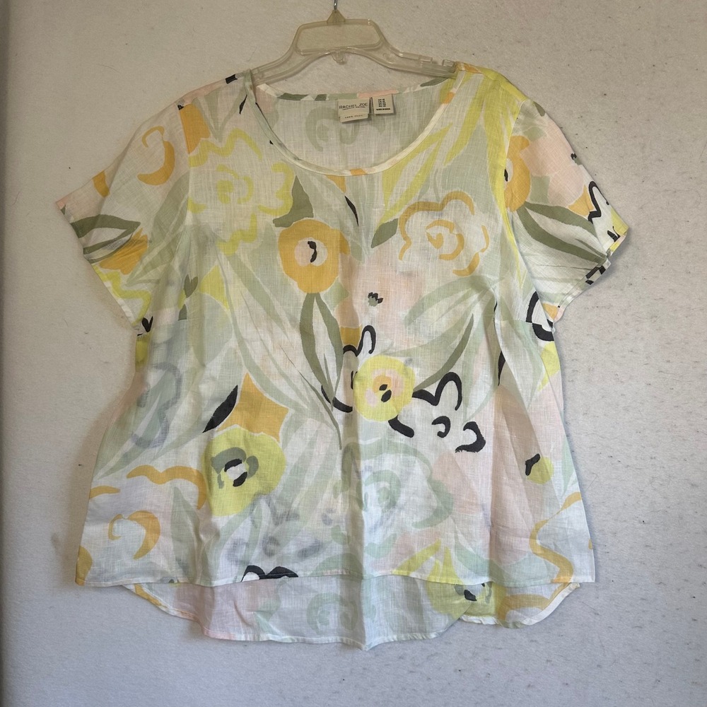 Rachel‎ Zoe Womens 1X Linen Blouse Floral Short Sleeve High Low Top Yellow Green